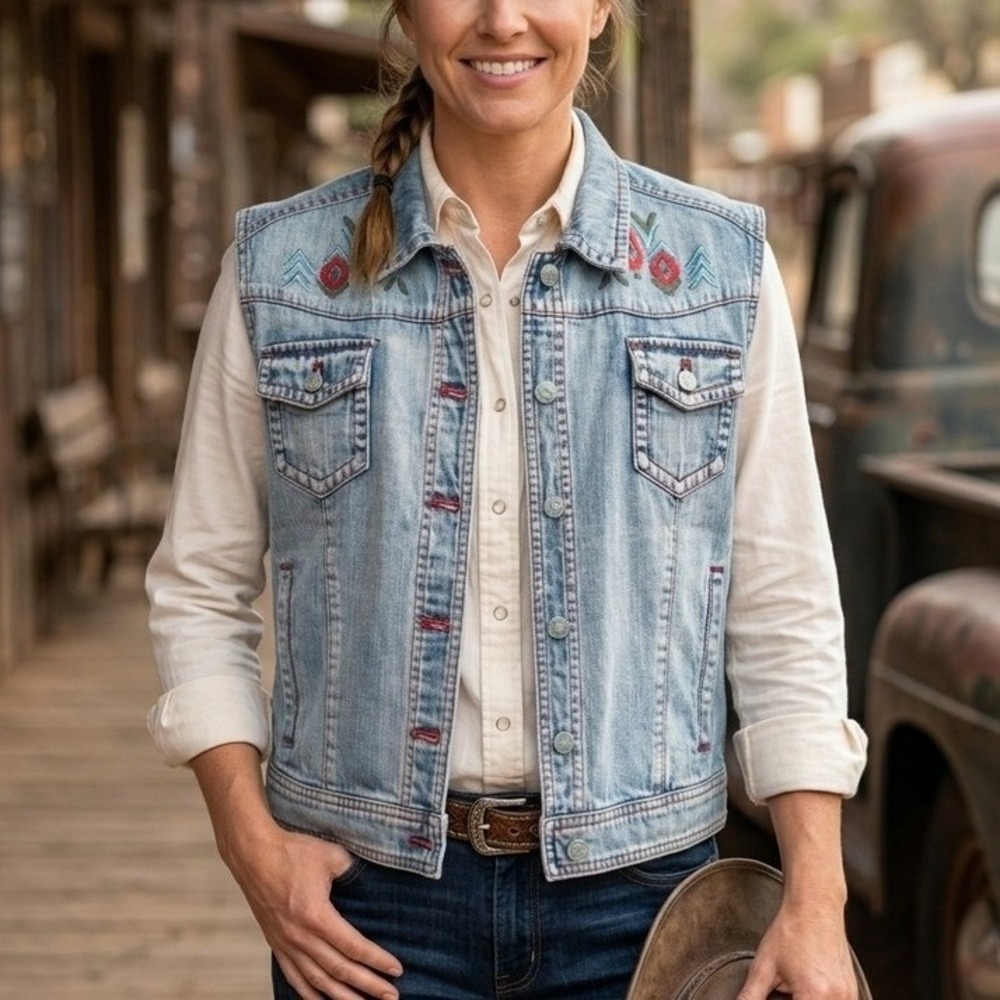NWT Ryan Michael SW Embroidered Cowboy Denim Vest Indigo Women's Size Large